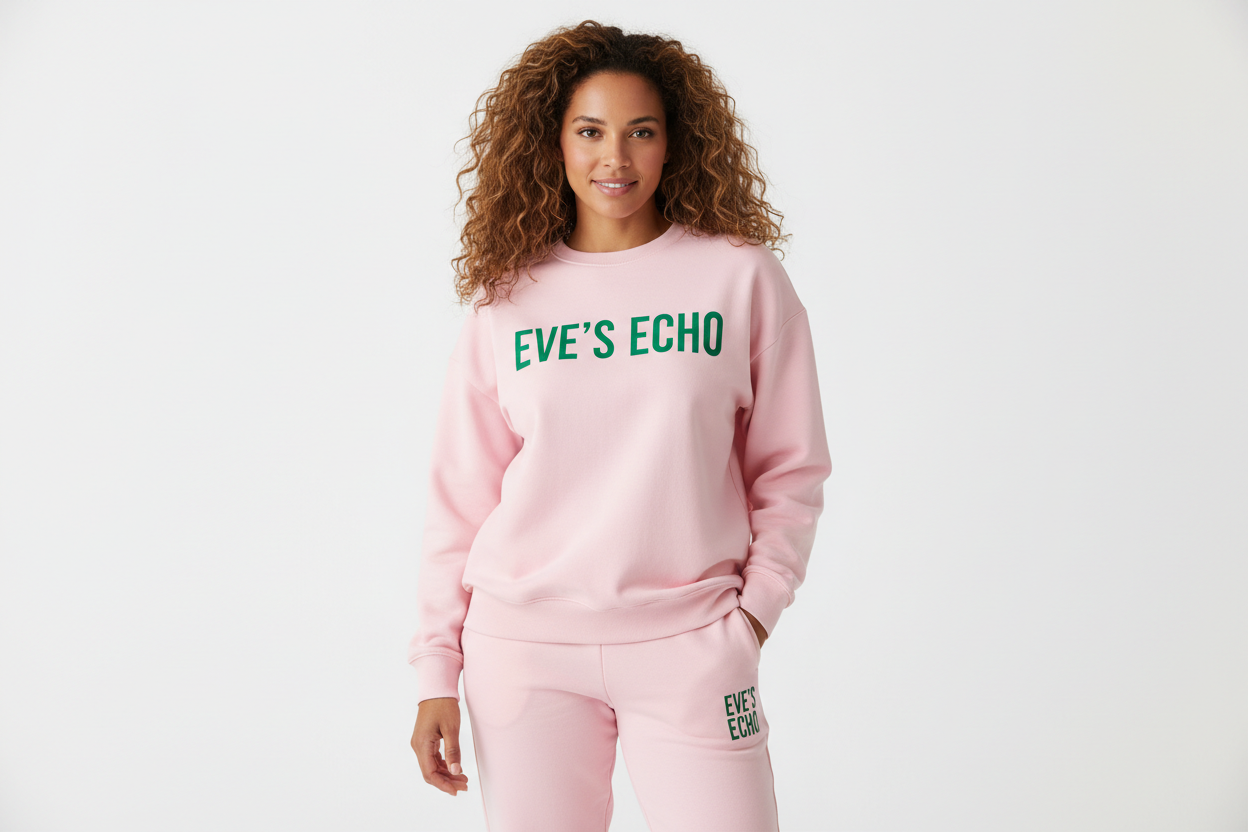 Create an image of a mixed race woman with thick wavy hair wearing a light pink sweatshirt and sweatpants with EVE"S ECHO on the center of the shirt and EVE"S ECHO stacked vertically on left pant by the pocket. The color of the font of the wording should be green. 