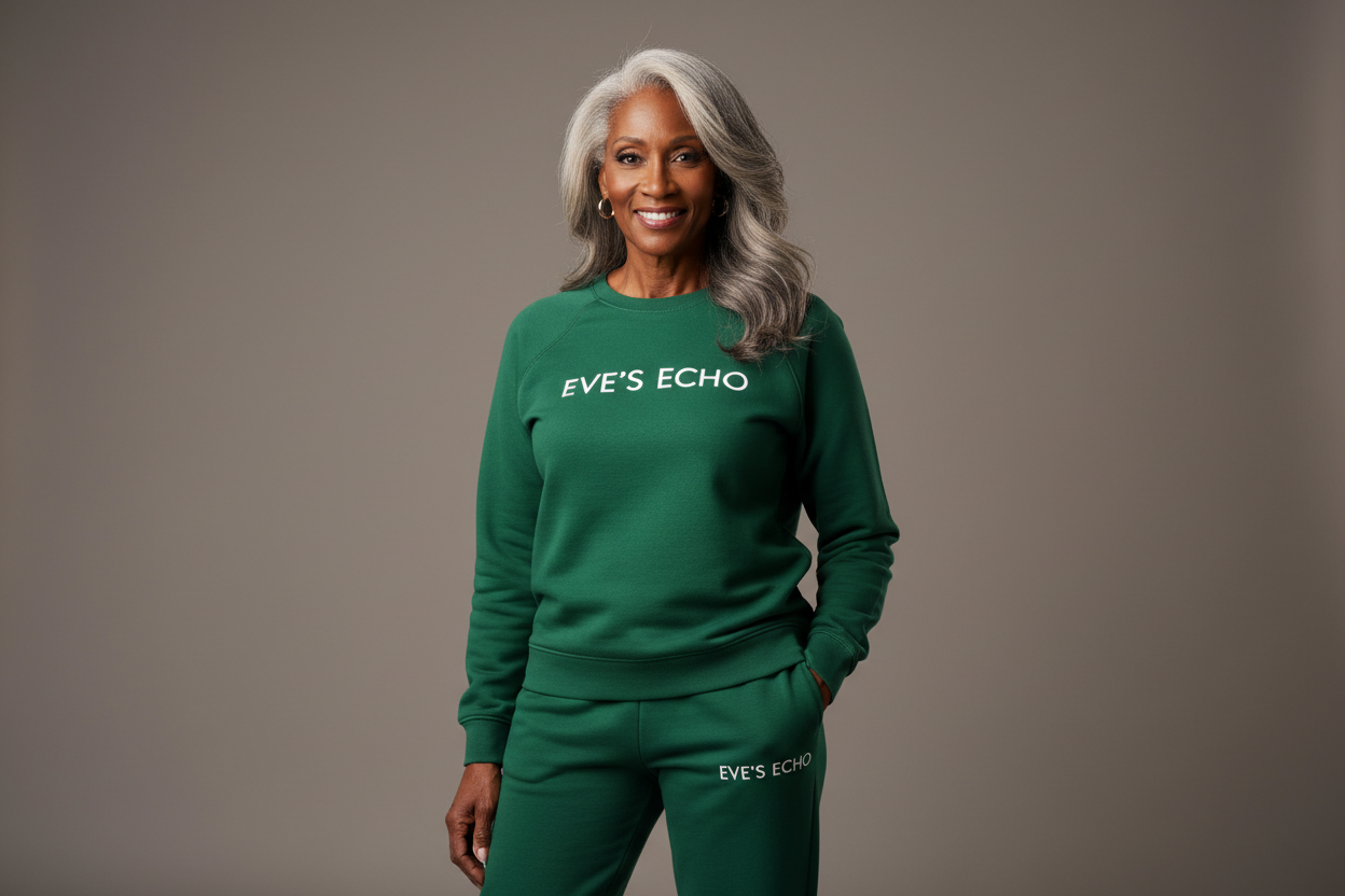 Create an image of a older black woman with beautiful grey hair wearing a forest green sweatshirt and sweatpants with EVE"S ECHO on the center of the shirt and EVE"S ECHO stacked vertically on left pant by the pocket. The color of the font of the wording should be white. 