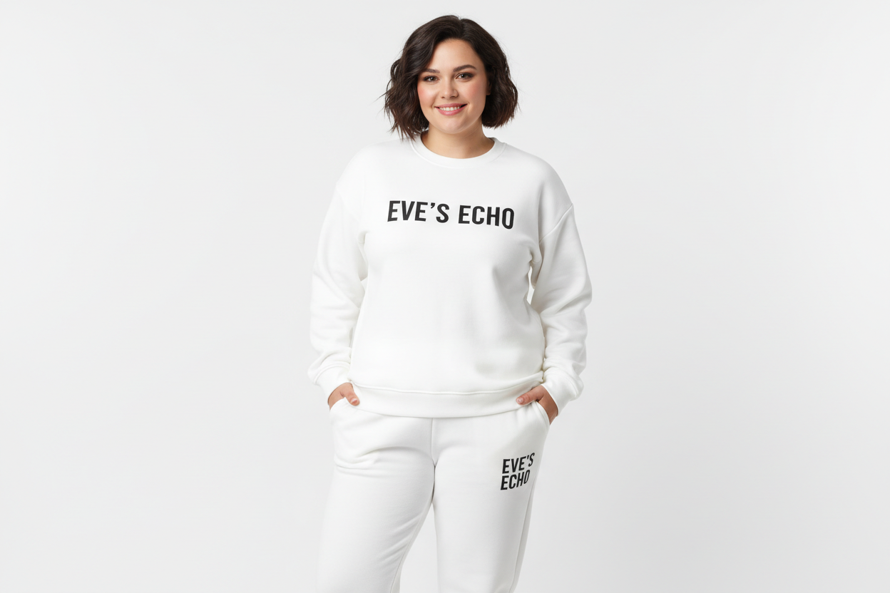 Create an image of a plus size hispanic woman with short wavy hair wearing a white sweatshirt and sweatpants with EVE"S ECHO on the center of the shirt and EVE"S ECHO stacked vertically on left pant by the pocket. The color of the font of the wording should be black. 